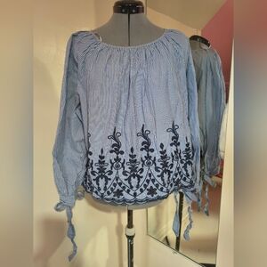 Striped Blue Embroidered Peasant Blouse - Blue